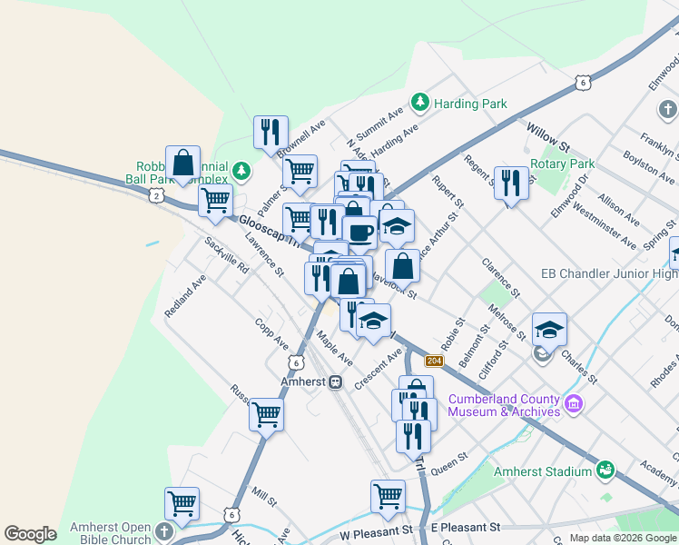 map of restaurants, bars, coffee shops, grocery stores, and more near 89 Victoria St E in Amherst