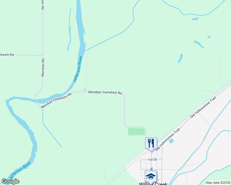 map of restaurants, bars, coffee shops, grocery stores, and more near 1800 Meridian Cemetary Road in Three Forks