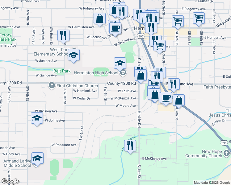 map of restaurants, bars, coffee shops, grocery stores, and more near 303 West Laird Avenue in Hermiston