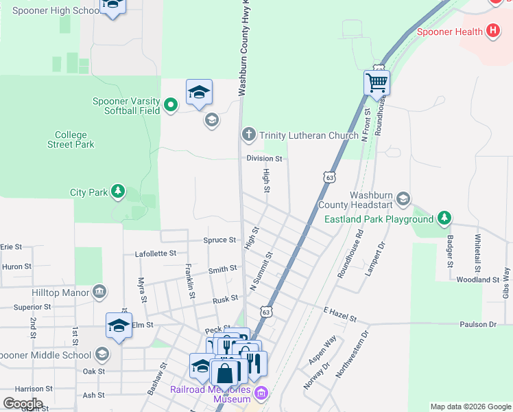 map of restaurants, bars, coffee shops, grocery stores, and more near 406 Balsam Street in Spooner
