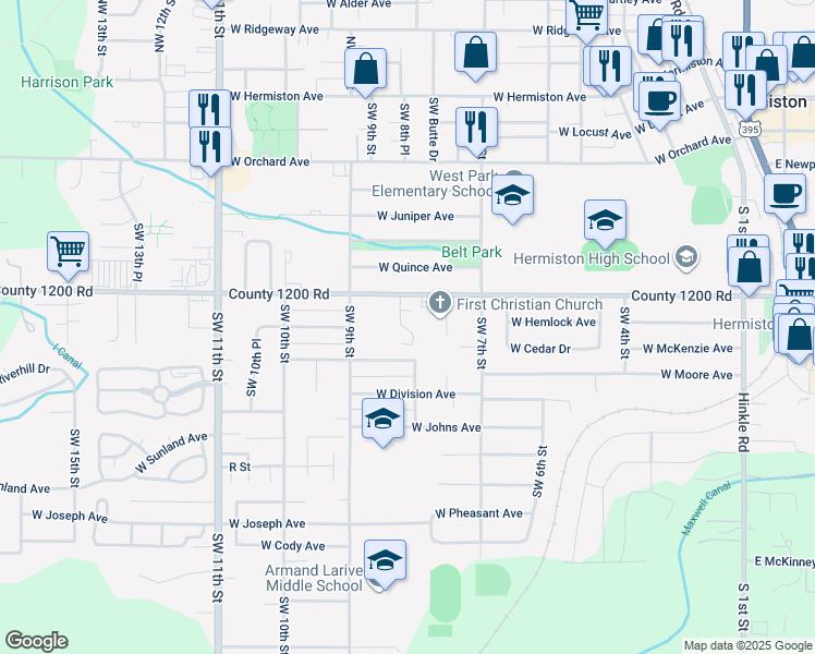 map of restaurants, bars, coffee shops, grocery stores, and more near 825 West Highland Avenue in Hermiston