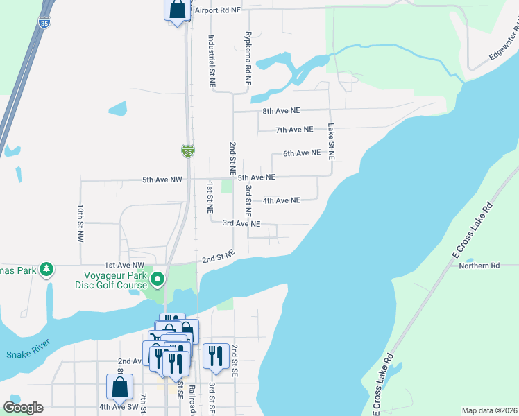 map of restaurants, bars, coffee shops, grocery stores, and more near 330 4th Avenue Northeast in Pine City