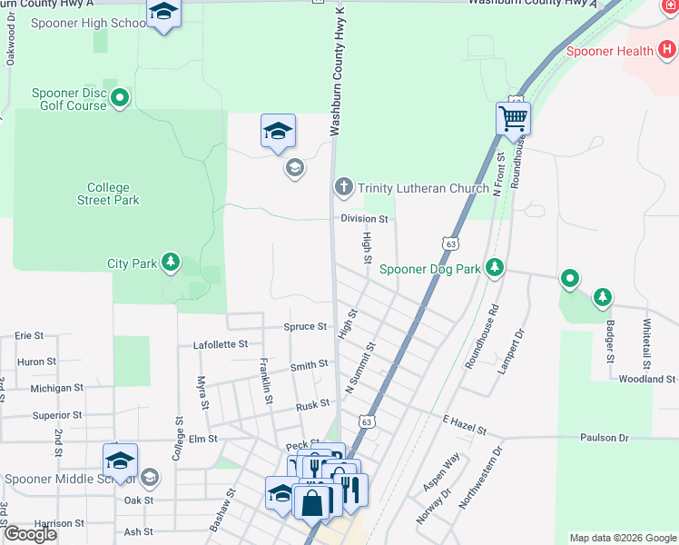 map of restaurants, bars, coffee shops, grocery stores, and more near 406 Balsam Street in Spooner