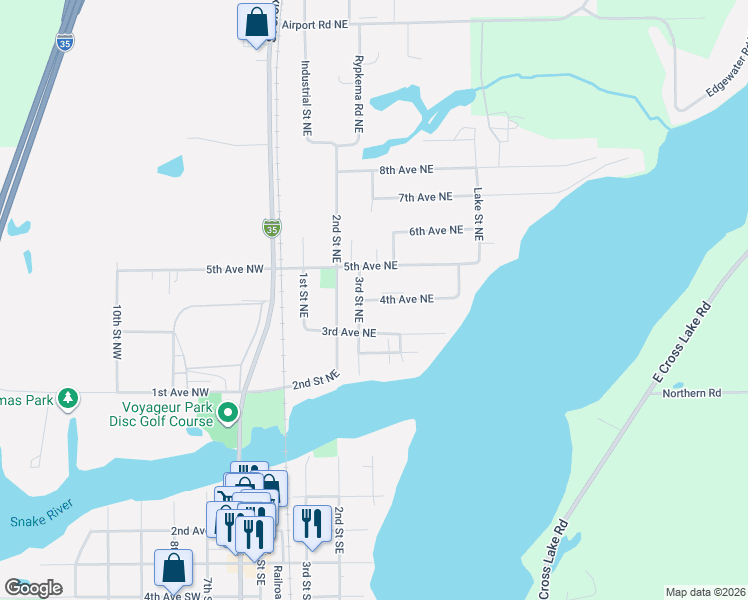 map of restaurants, bars, coffee shops, grocery stores, and more near 330 4th Avenue Northeast in Pine City