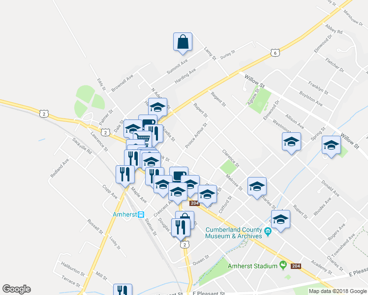 map of restaurants, bars, coffee shops, grocery stores, and more near 46 Prince Arthur Street in Amherst