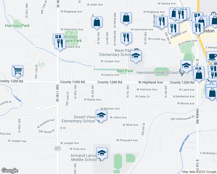 map of restaurants, bars, coffee shops, grocery stores, and more near 825 West Highland Avenue in Hermiston