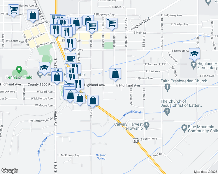 map of restaurants, bars, coffee shops, grocery stores, and more near 538 East Highland Avenue in Hermiston