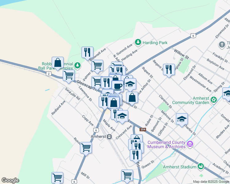 map of restaurants, bars, coffee shops, grocery stores, and more near 113 Victoria Street East in Amherst