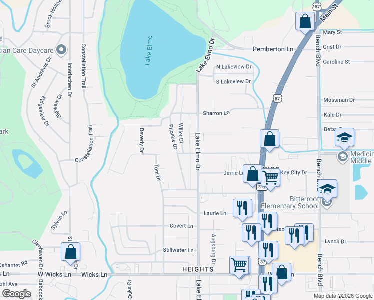 map of restaurants, bars, coffee shops, grocery stores, and more near 2015 Willet Drive in Billings