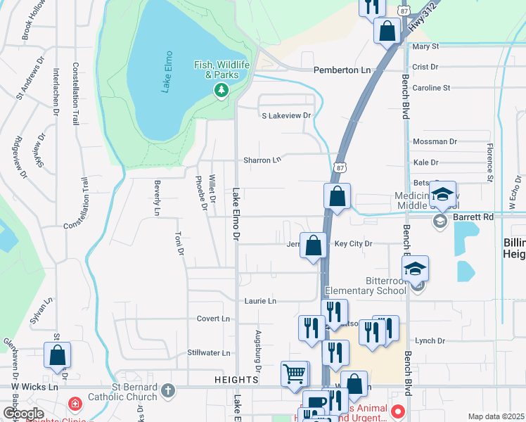 map of restaurants, bars, coffee shops, grocery stores, and more near 429 Kathy Lane in Billings