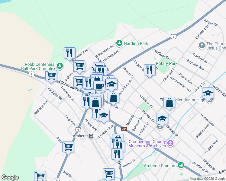 map of restaurants, bars, coffee shops, grocery stores, and more near 18 Acadia Street in Amherst