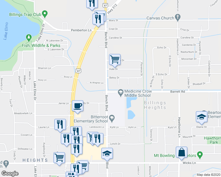 map of restaurants, bars, coffee shops, grocery stores, and more near 2007 Bench Boulevard in Billings
