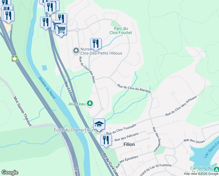 map of restaurants, bars, coffee shops, grocery stores, and more near 429 Rue du Clos Vougeot in Prã©Vost