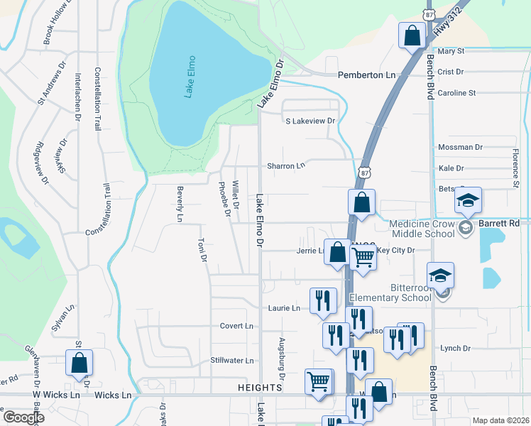 map of restaurants, bars, coffee shops, grocery stores, and more near 408 Roxy Lane in Billings