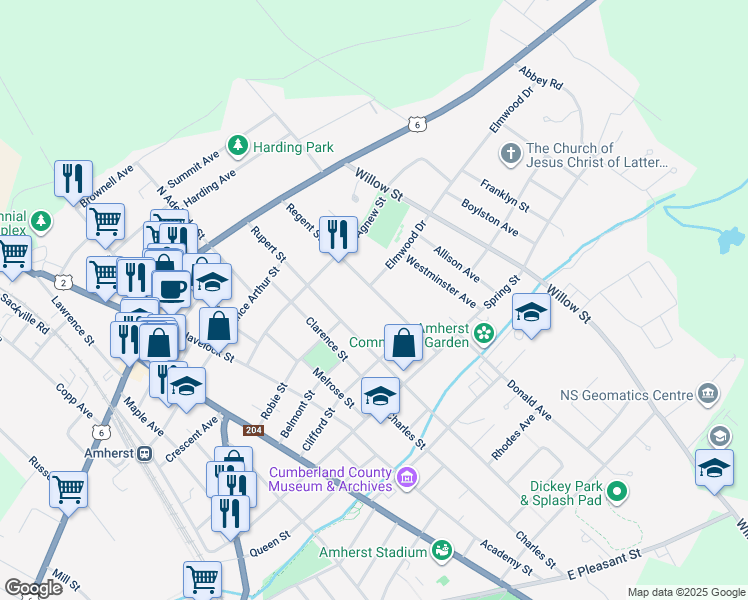 map of restaurants, bars, coffee shops, grocery stores, and more near 37 Regent Street in Amherst