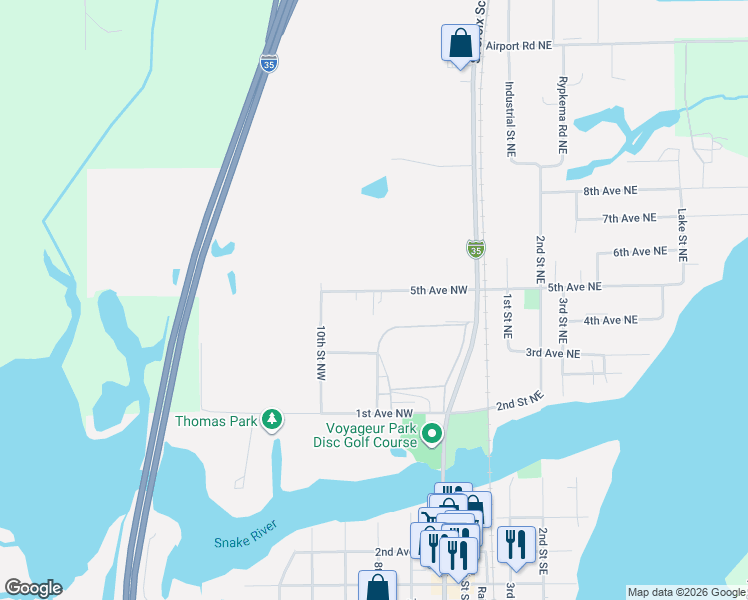 map of restaurants, bars, coffee shops, grocery stores, and more near 720 5th Avenue Northwest in Pine City