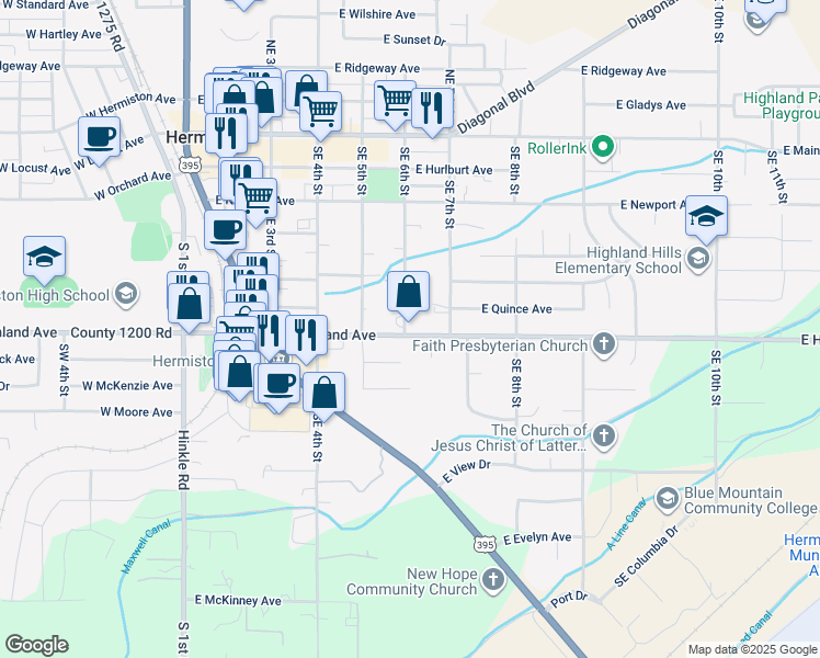 map of restaurants, bars, coffee shops, grocery stores, and more near 611 East Highland Avenue in Hermiston