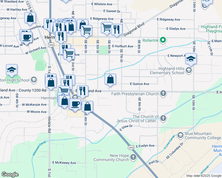 map of restaurants, bars, coffee shops, grocery stores, and more near 611 East Highland Avenue in Hermiston