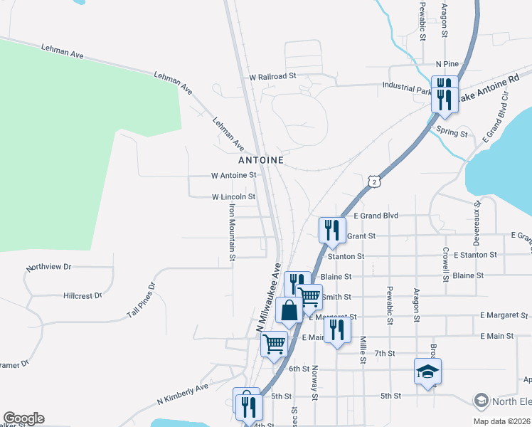 map of restaurants, bars, coffee shops, grocery stores, and more near 100-144 W Lincoln St in Iron Mountain