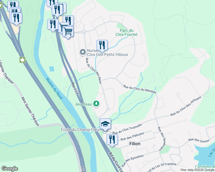 map of restaurants, bars, coffee shops, grocery stores, and more near 449 Rue du Clos Vougeot in Prã©Vost