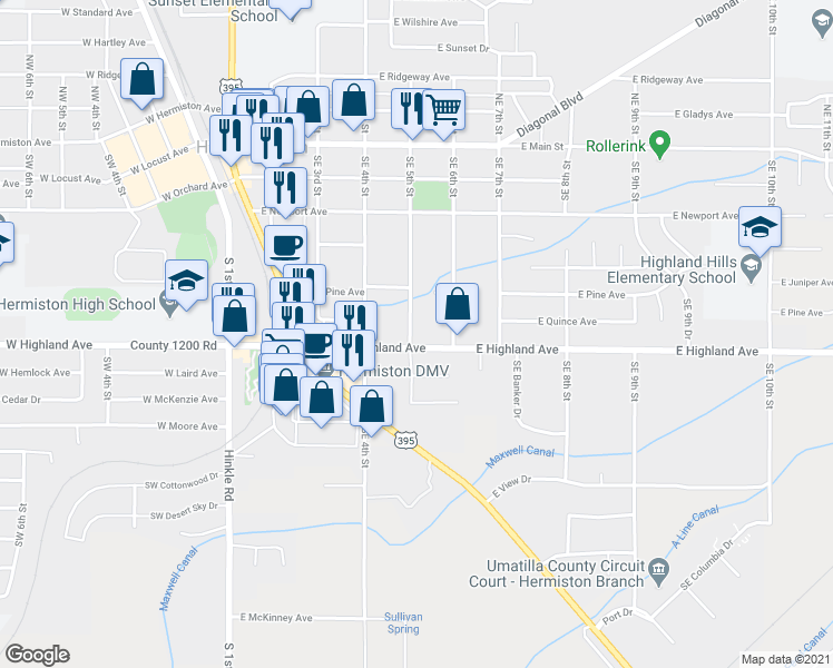 map of restaurants, bars, coffee shops, grocery stores, and more near 511 East Highland Avenue in Hermiston