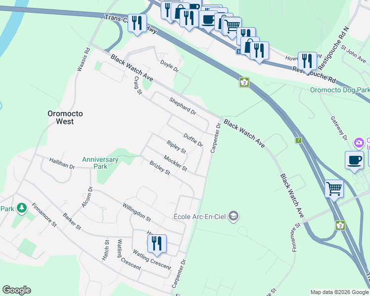 map of restaurants, bars, coffee shops, grocery stores, and more near 79 Duffie Drive in Oromocto