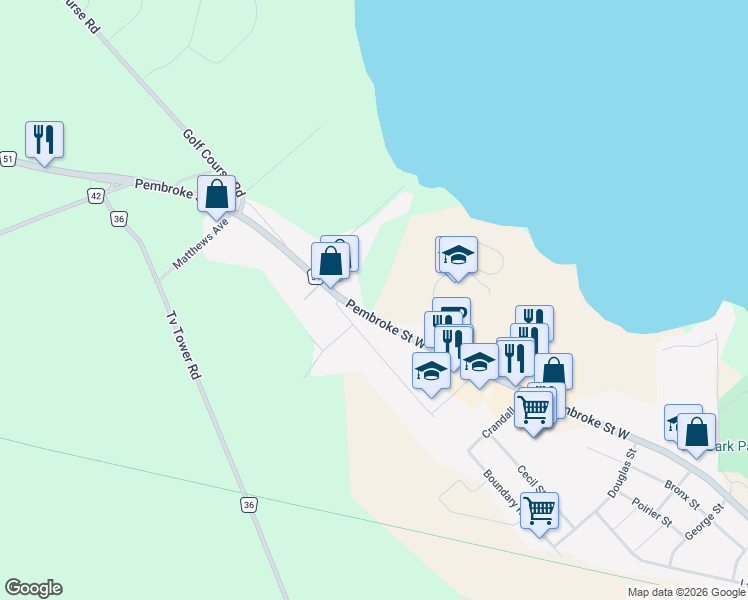 map of restaurants, bars, coffee shops, grocery stores, and more near 1325 Pembroke Street West in Pembroke