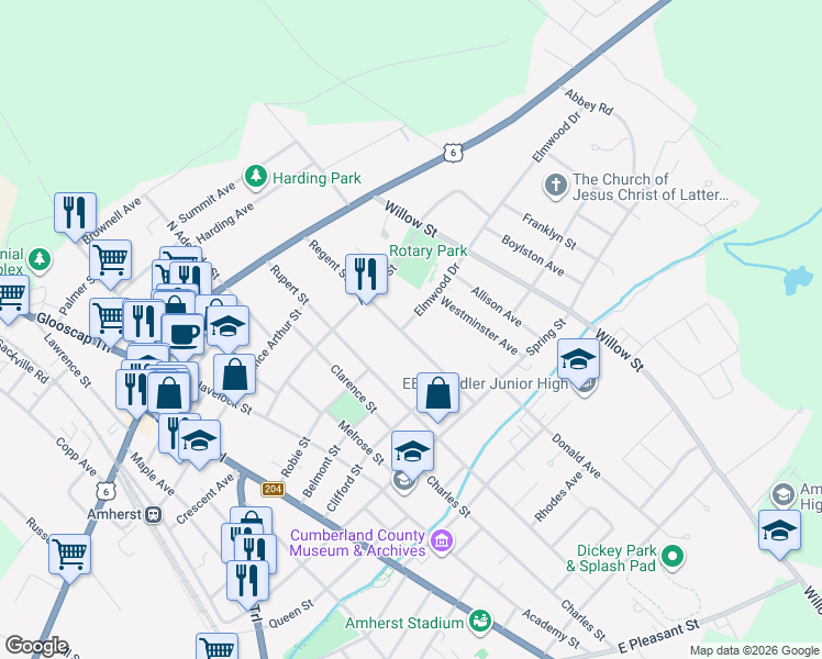 map of restaurants, bars, coffee shops, grocery stores, and more near 1 Elmwood Drive in Amherst