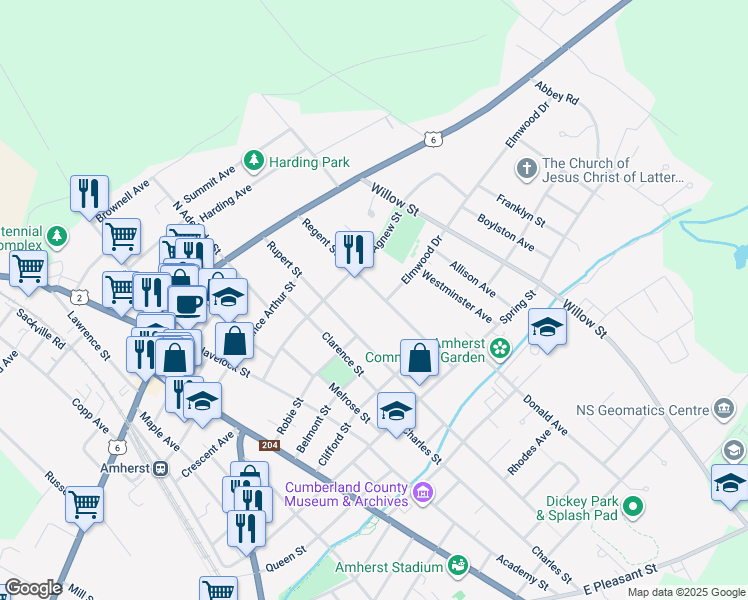 map of restaurants, bars, coffee shops, grocery stores, and more near 27 Regent Street in Amherst