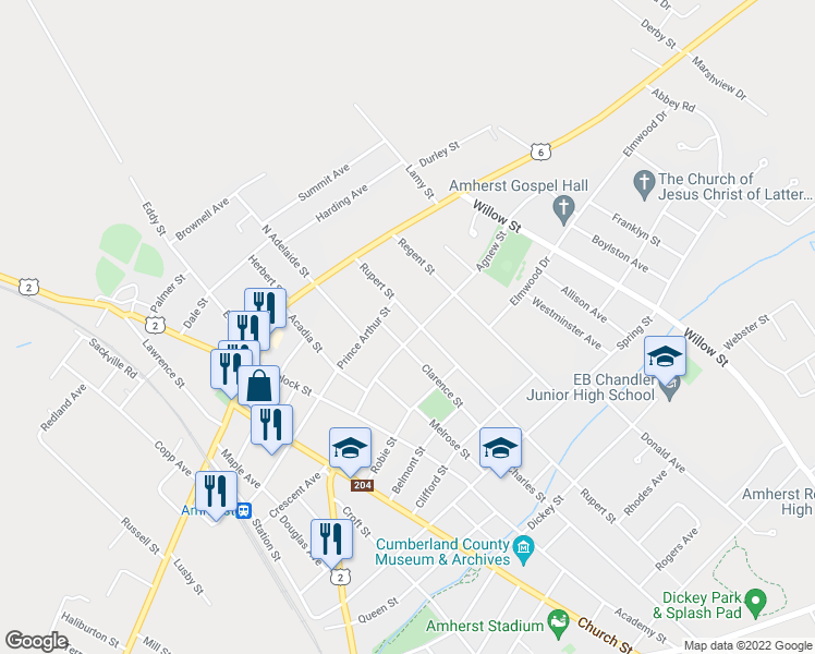 map of restaurants, bars, coffee shops, grocery stores, and more near 17 Rupert Street in Amherst