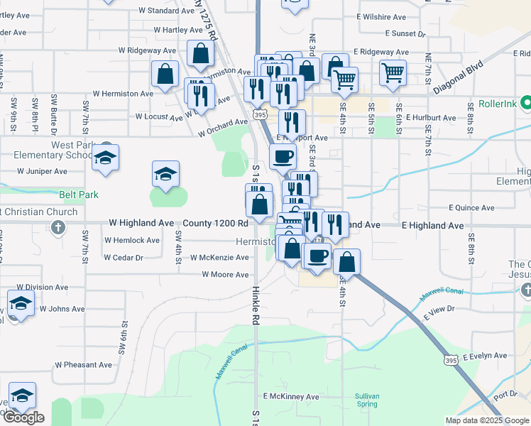 map of restaurants, bars, coffee shops, grocery stores, and more near 705 South 1st Street in Hermiston