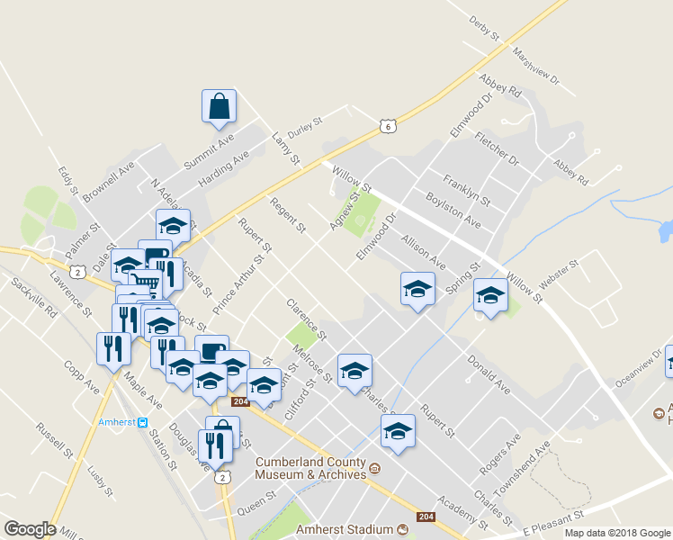 map of restaurants, bars, coffee shops, grocery stores, and more near 27 Regent Street in Amherst