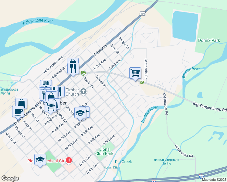 map of restaurants, bars, coffee shops, grocery stores, and more near 602 East 5th Avenue in Big Timber