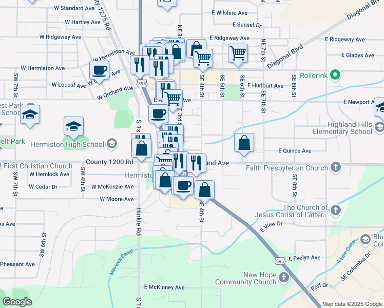map of restaurants, bars, coffee shops, grocery stores, and more near 360 East Quince Avenue in Hermiston