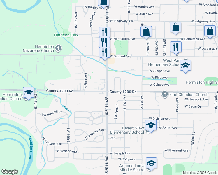 map of restaurants, bars, coffee shops, grocery stores, and more near 33 Southwest Birch Drive in Hermiston