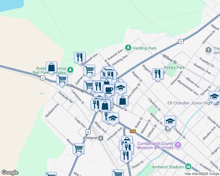 map of restaurants, bars, coffee shops, grocery stores, and more near 139 Victoria Street East in Amherst