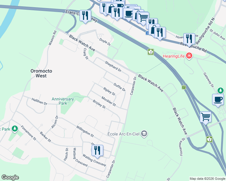 map of restaurants, bars, coffee shops, grocery stores, and more near in Oromocto