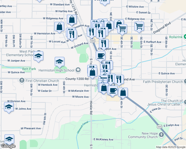 map of restaurants, bars, coffee shops, grocery stores, and more near 705 South 1st Street in Hermiston