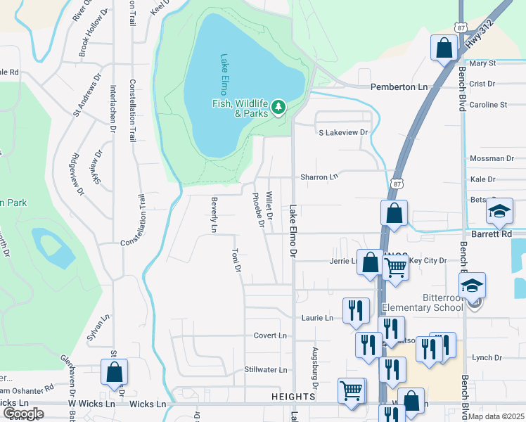 map of restaurants, bars, coffee shops, grocery stores, and more near 2023 Phoebe Drive in Billings