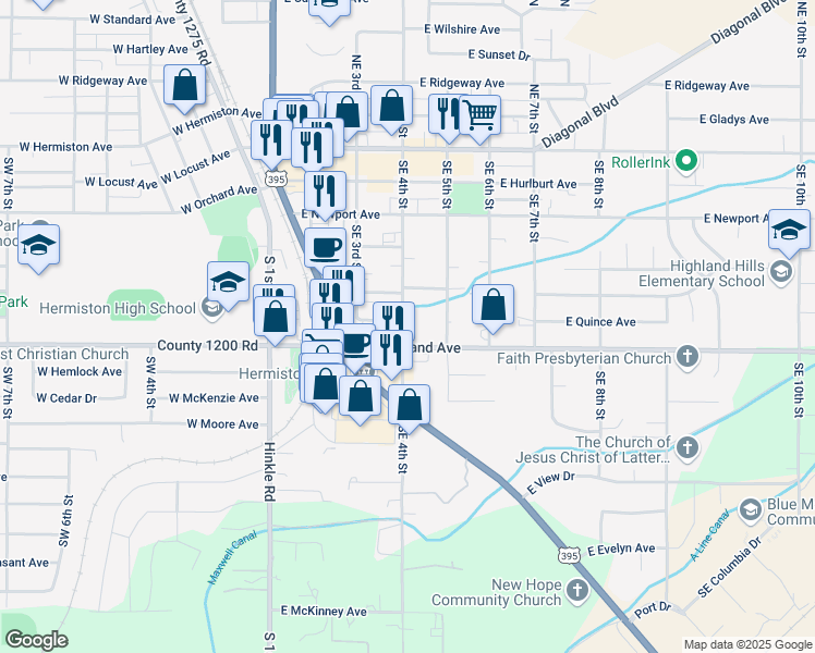 map of restaurants, bars, coffee shops, grocery stores, and more near 645 Southeast 4th Street in Hermiston