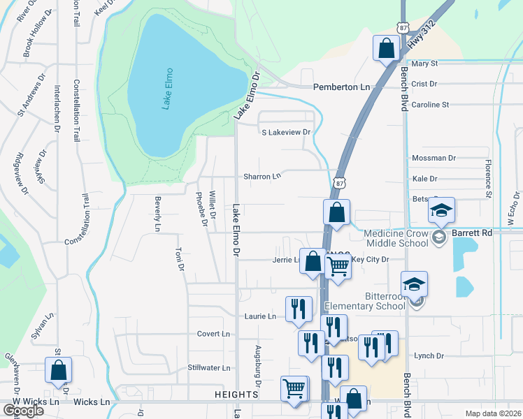 map of restaurants, bars, coffee shops, grocery stores, and more near 408 Roxy Lane in Billings