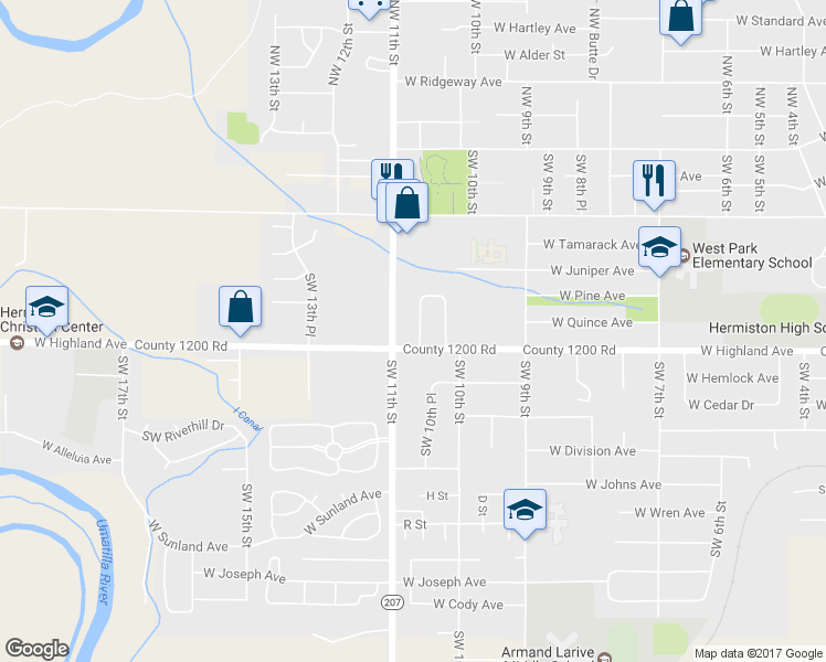 map of restaurants, bars, coffee shops, grocery stores, and more near 33 Southwest Birch Drive in Hermiston