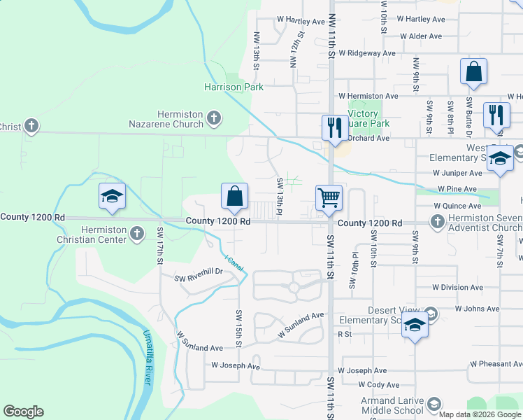 map of restaurants, bars, coffee shops, grocery stores, and more near 1330 West Highland Avenue in Hermiston