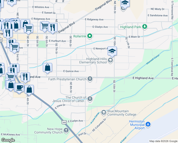 map of restaurants, bars, coffee shops, grocery stores, and more near 680 East Pine Court in Hermiston