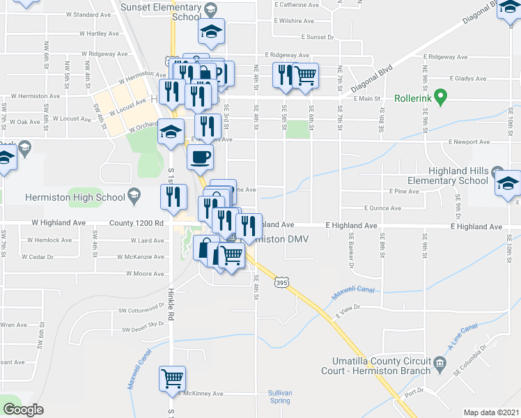 map of restaurants, bars, coffee shops, grocery stores, and more near 645 Southeast 4th Street in Hermiston