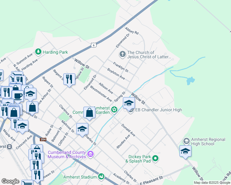 map of restaurants, bars, coffee shops, grocery stores, and more near 32 Allison Avenue in Amherst