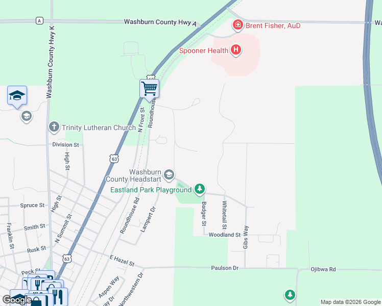 map of restaurants, bars, coffee shops, grocery stores, and more near 1700 Trails End in Spooner