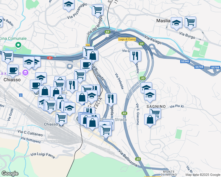 map of restaurants, bars, coffee shops, grocery stores, and more near 54 Via Silva in Como