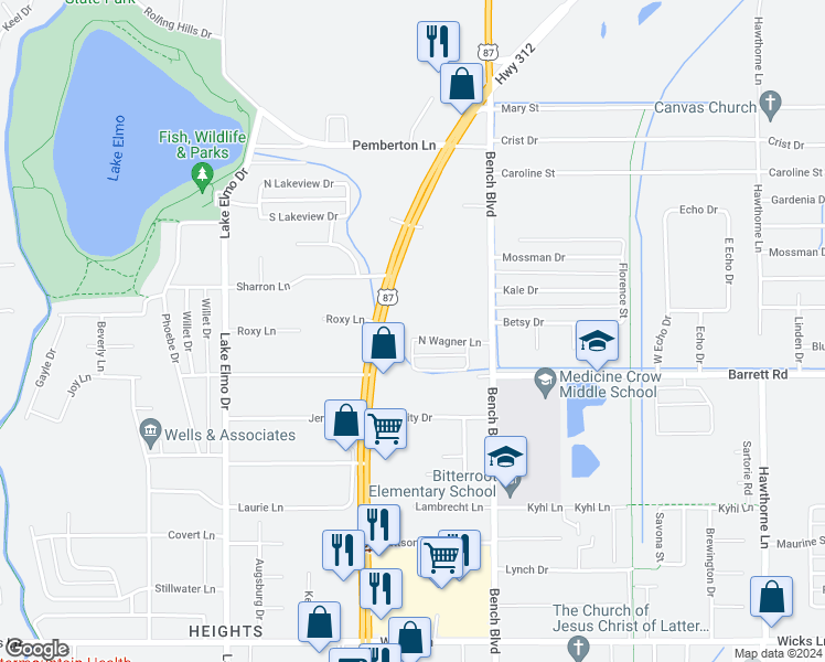 map of restaurants, bars, coffee shops, grocery stores, and more near 701 North Wagner Lane in Billings