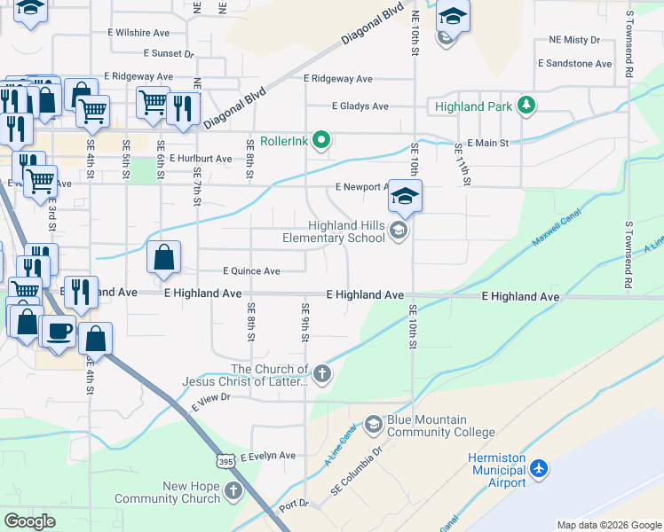 map of restaurants, bars, coffee shops, grocery stores, and more near 680 Southeast Pine Court in Hermiston
